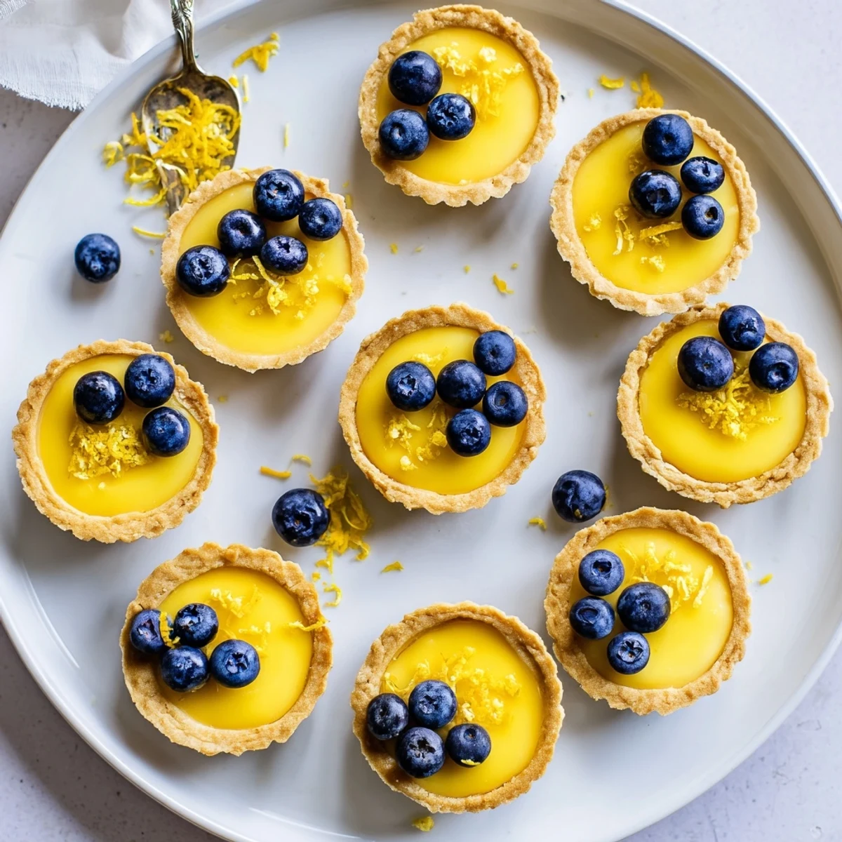 Close-up of tangy coconut-based lemon curd filling baked inside golden brown mini tart crusts