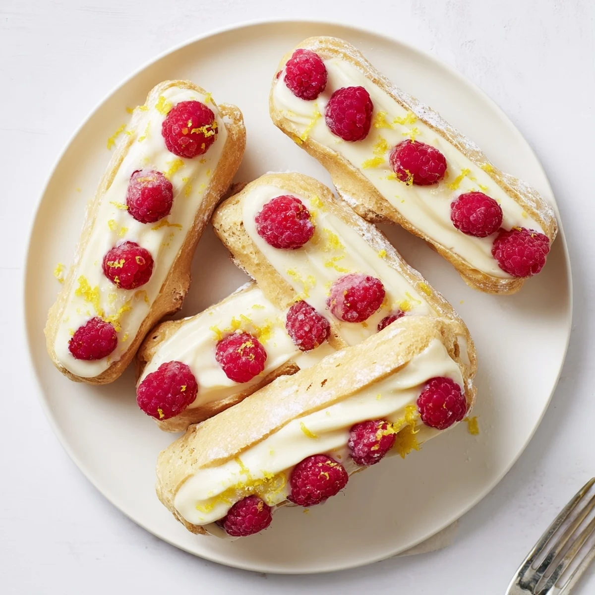 Golden lemon raspberry éclairs filled with tangy lemon cream and topped with fresh raspberries