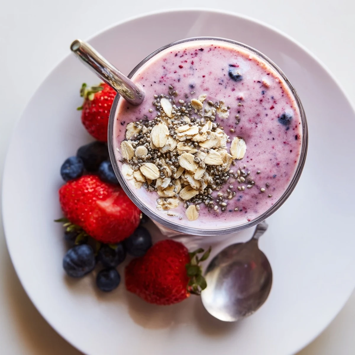 Thick purple Greek yogurt breakfast smoothie topped with fresh strawberries and granola garnish