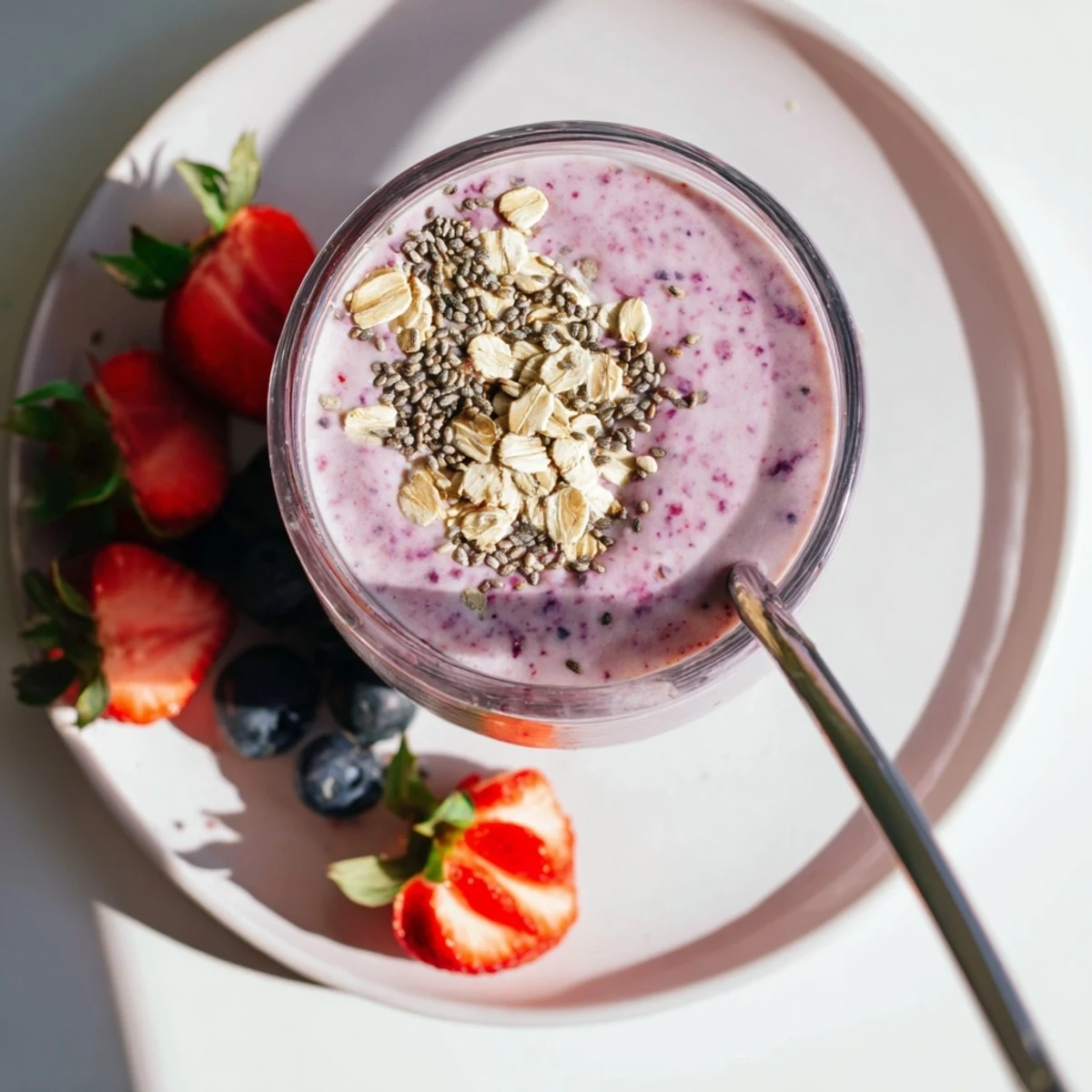 Creamy Greek yogurt breakfast smoothie blended with mixed berries and banana in a glass