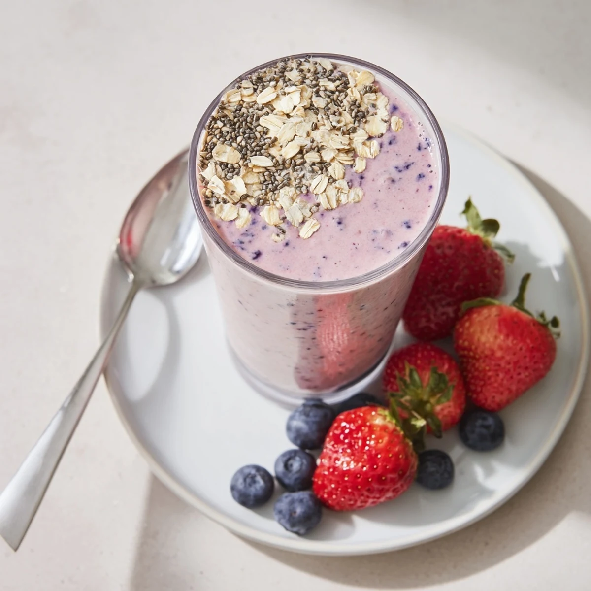 Protein-packed Greek yogurt breakfast smoothie poured into a tall glass with berry swirls