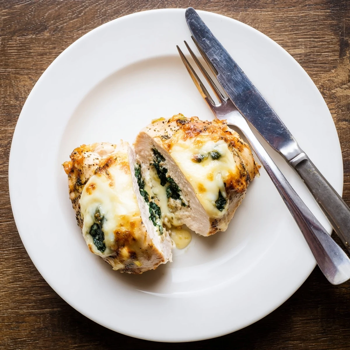 Golden baked ricotta chicken breasts topped with melted mozzarella cheese on a white serving plate
