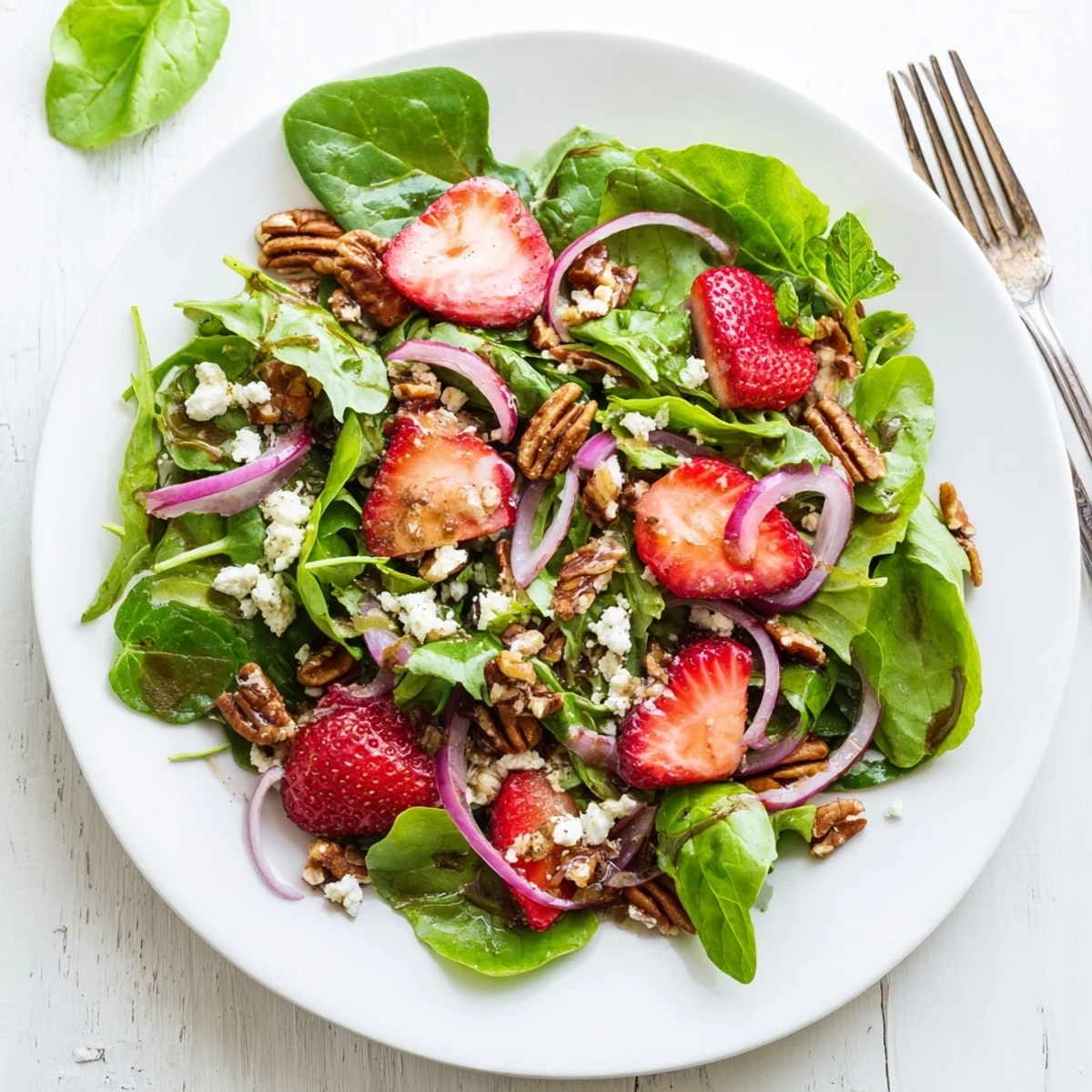 Fresh Strawberry Fields Salad featuring sliced strawberries, mixed greens, goat cheese, and toasted pecans drizzled with balsamic dressing