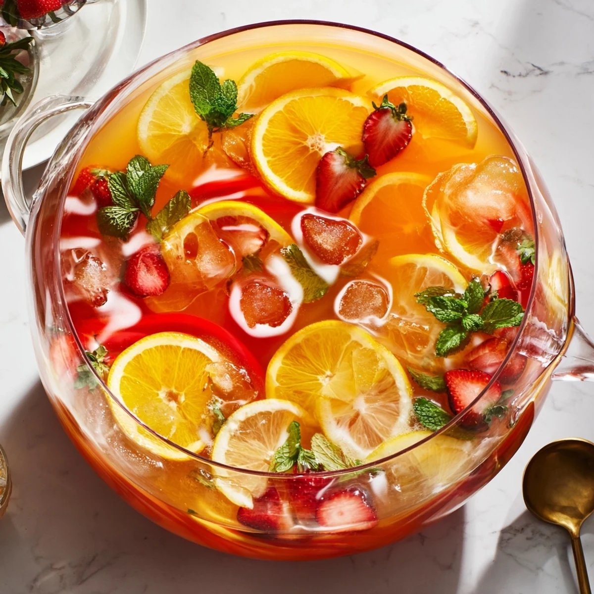 Vibrant Easter Punch in glass pitcher with floating citrus slices and fresh strawberries
