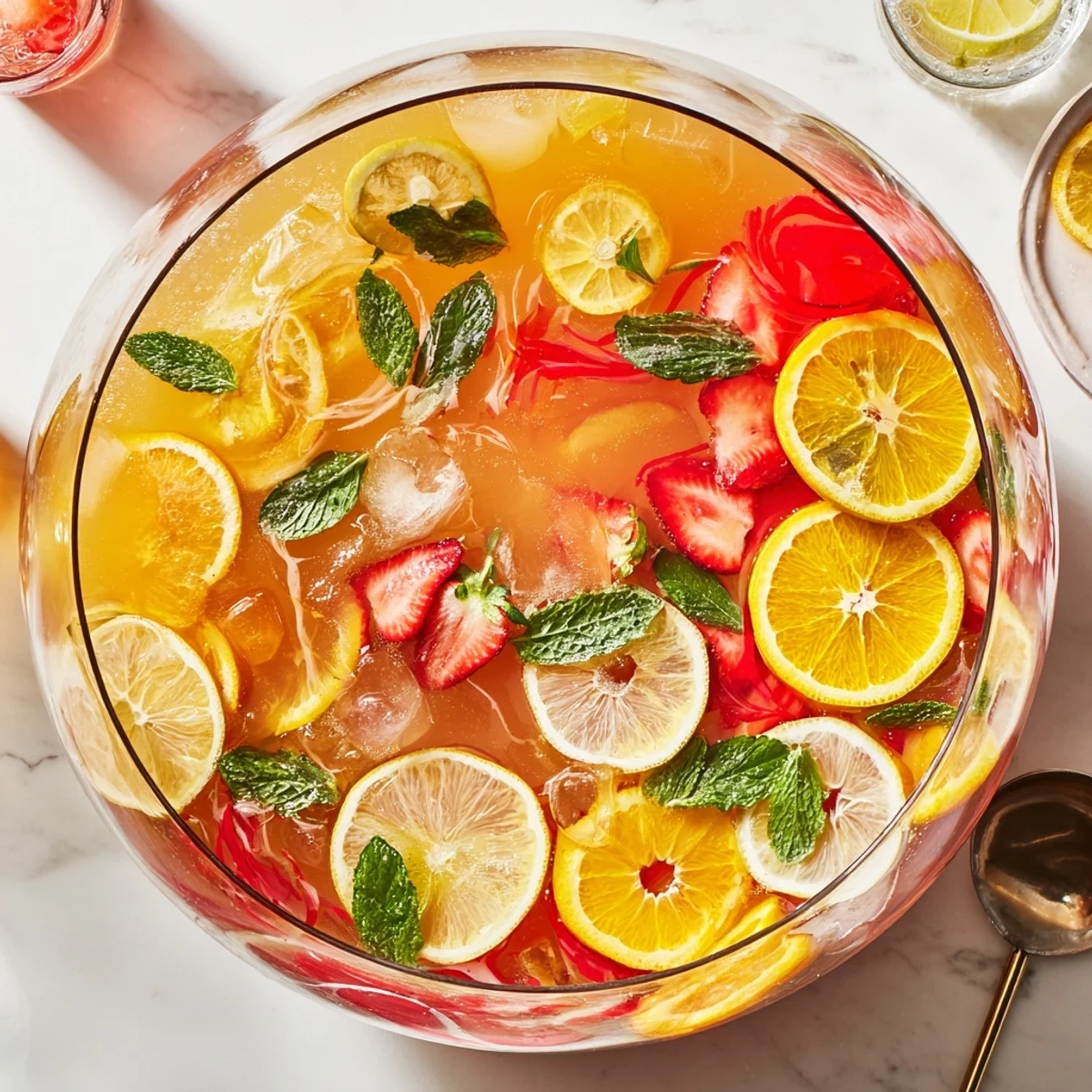 Refreshing non-alcoholic Easter Punch garnished with mint leaves and colorful spring fruits