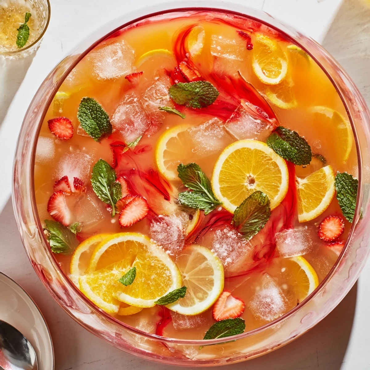 Golden Easter Punch bowl topped with orange slices, strawberries, and ice for spring gatherings