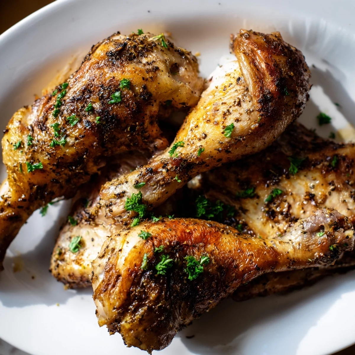 Tender juicy whole buttermilk roasted chicken served with lemon wedges on a white platter