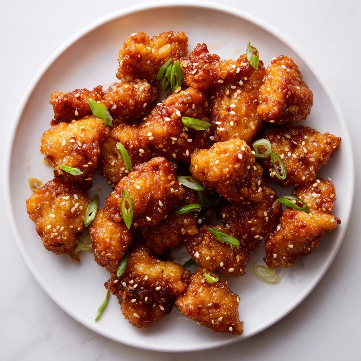 Golden brown mochiko chicken pieces with crispy sweet rice flour coating on white plate