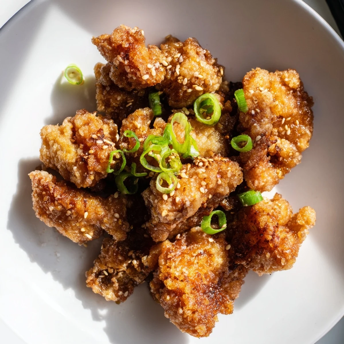 Plate of crunchy mochiko chicken thighs sprinkled with toasted sesame seeds and fresh onions