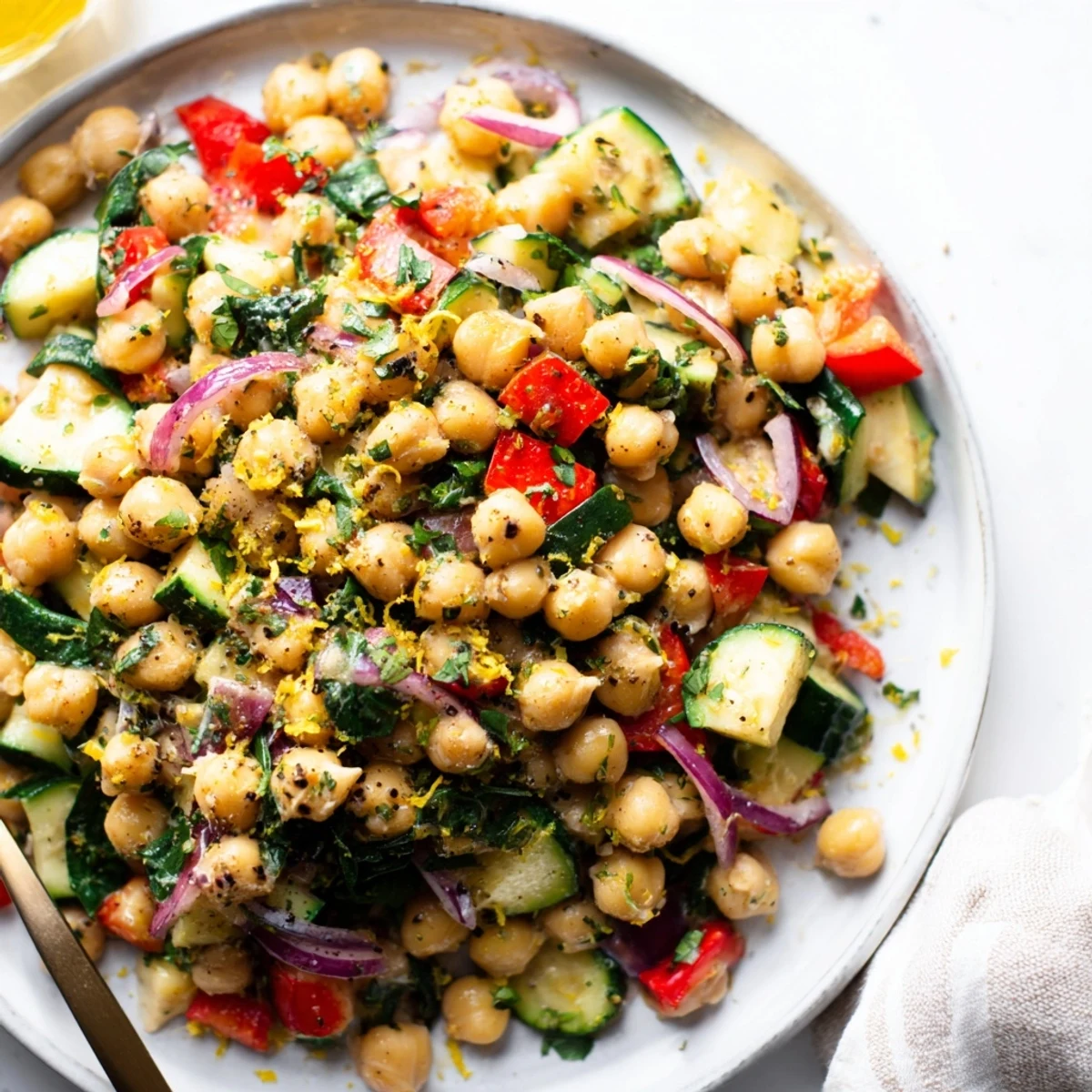 Golden chickpea lemon skillet sizzling with colorful red peppers, zucchini, and fresh spinach in a cast iron pan