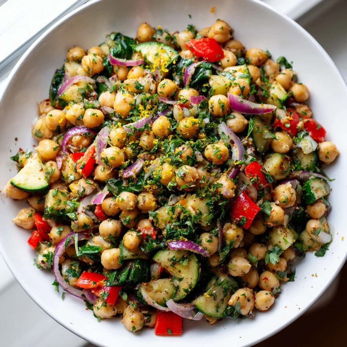 Vibrant Mediterranean chickpea lemon skillet garnished with parsley and lemon wedges on a rustic wooden table