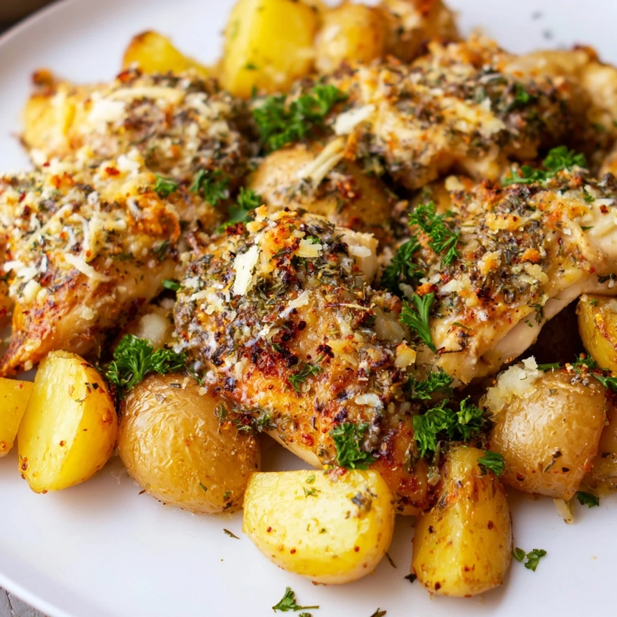 Golden baked chicken breasts and roasted baby potatoes coated in savory garlic Parmesan cheese and fresh parsley.