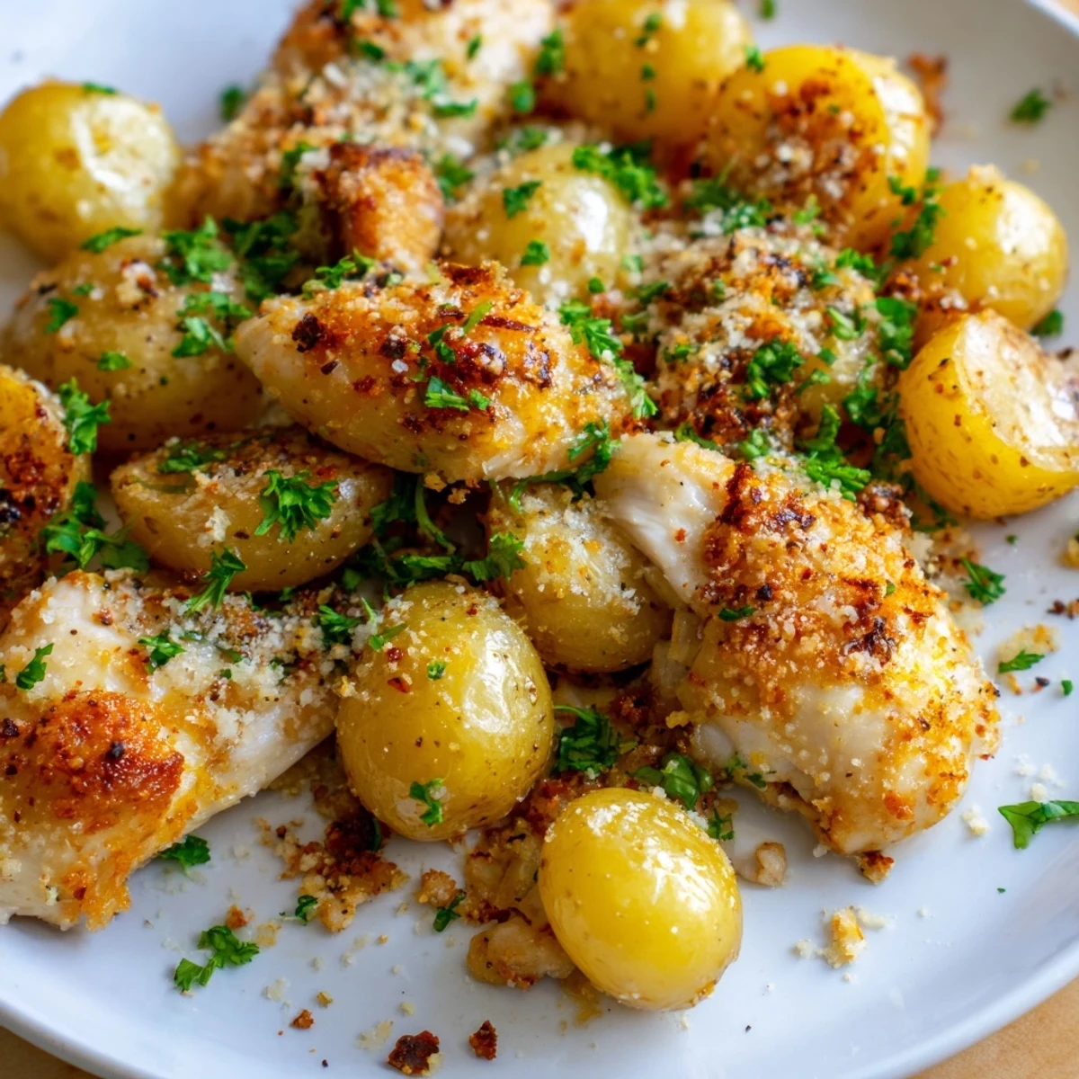 Family style sheet pan meal featuring juicy chicken and golden brown potatoes topped with a cheesy garlic herb crust and green parsley garnish.