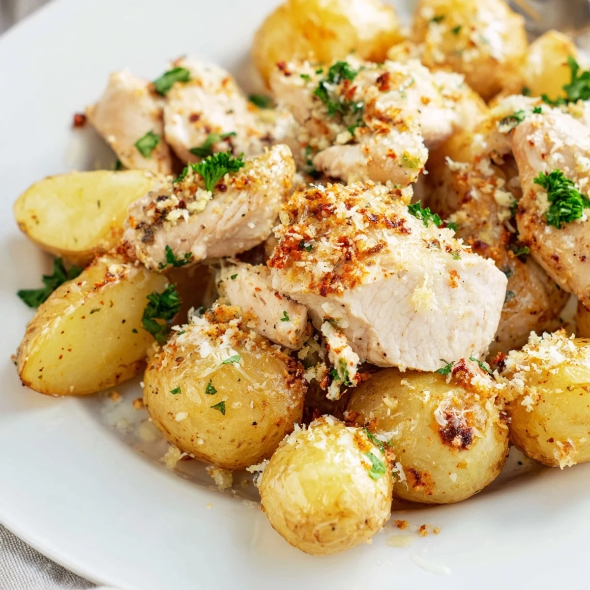 Crispy oven roasted chicken and tender potatoes tossed with melted Parmesan, minced garlic, and Italian herbs on a white baking sheet.