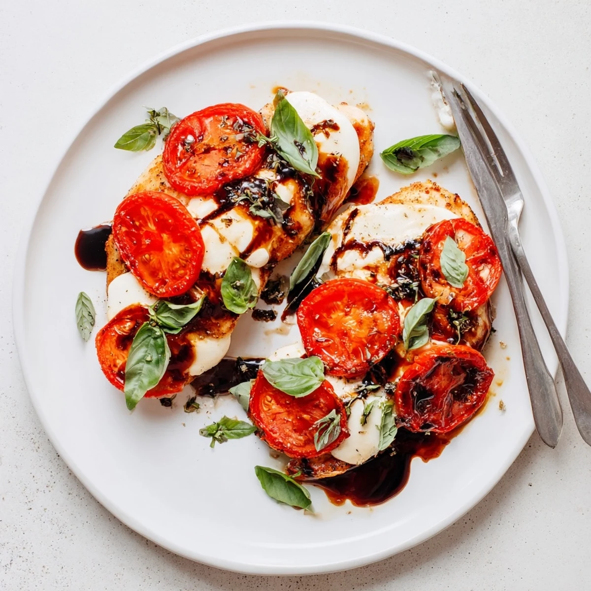 Golden brown chicken breast topped with melted mozzarella and fresh basil after baking in balsamic glaze
