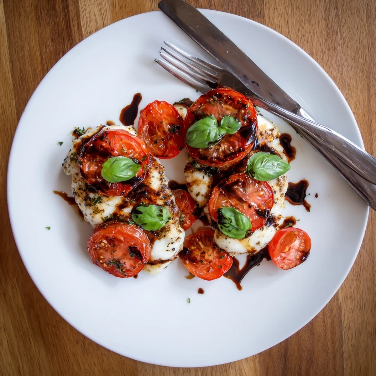Juicy baked chicken breasts with bubbly mozzarella cheese and tomato slices drizzled with rich balsamic reduction