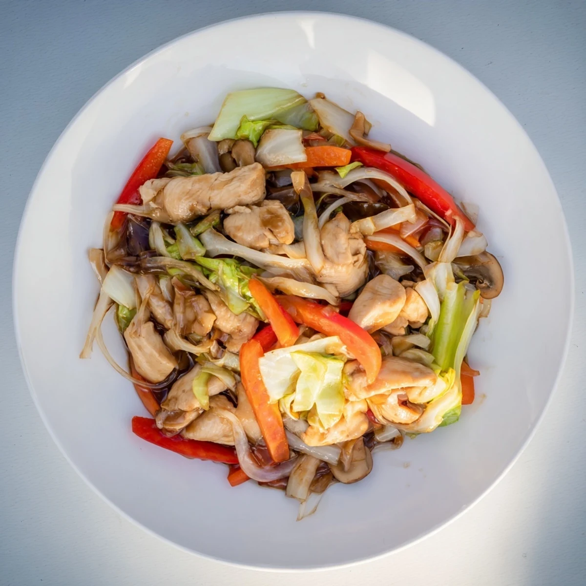 Homemade Chop Suey dish loaded with napa cabbage, carrots, and sliced pork in rich brown gravy over noodles