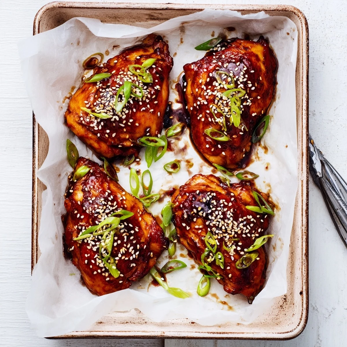 Golden roasted garlic miso chicken thighs caramelized to perfection with sesame garnish