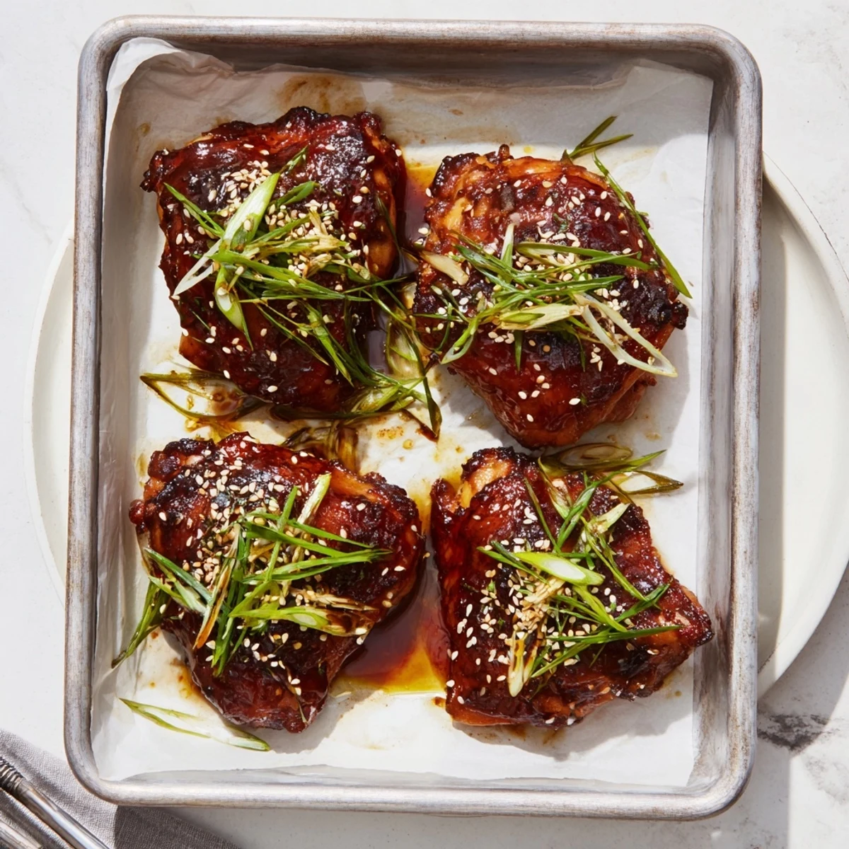 Oven-baked garlic miso chicken with caramelized edges topped with sesame seeds and scallions