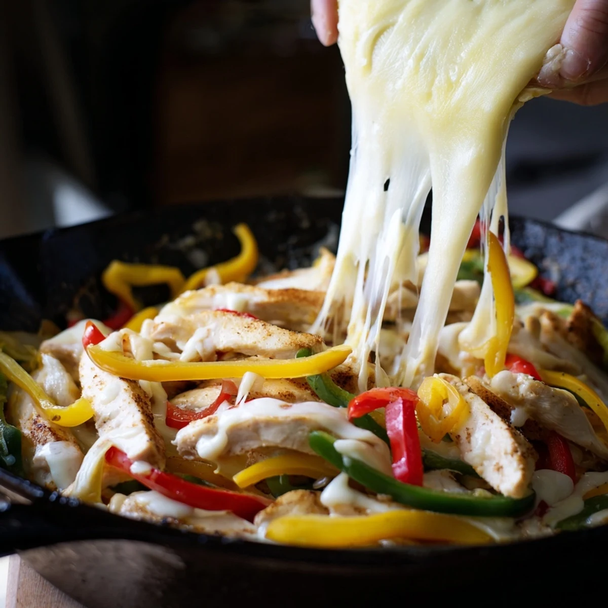 Golden chicken cheesesteak skillet with gooey cheese and vibrant bell pepper slices