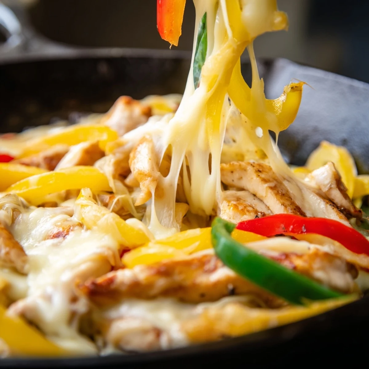 Sizzling chicken cheesesteak skillet featuring melted provolone, colorful peppers, and caramelized onions