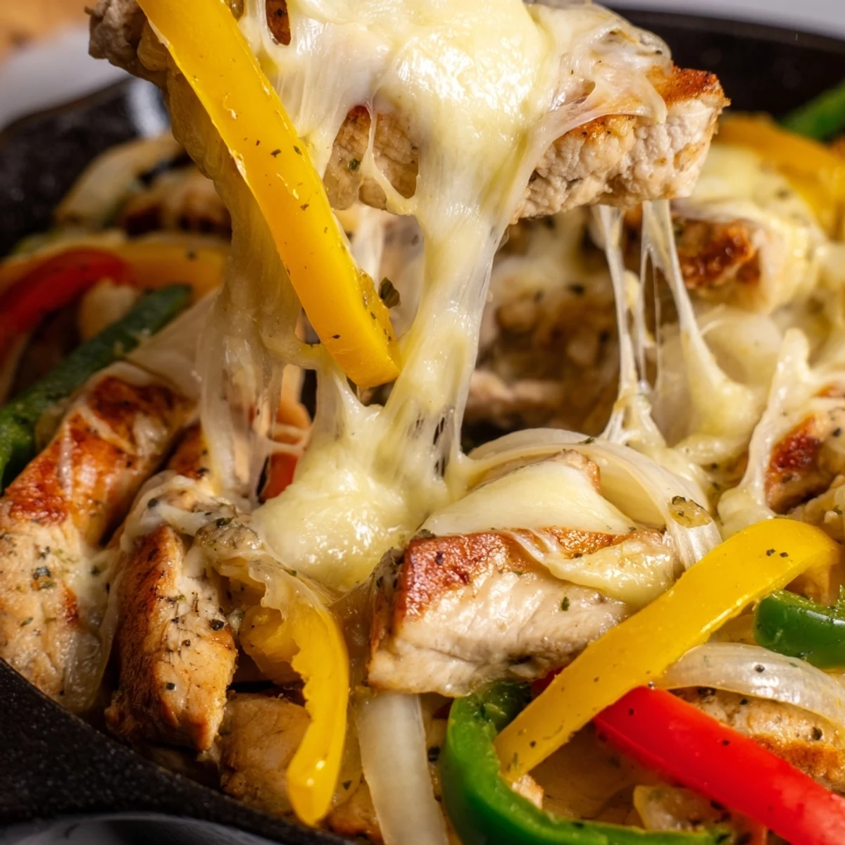 One-pan chicken cheesesteak skillet topped with bubbling provolone over tender sliced chicken