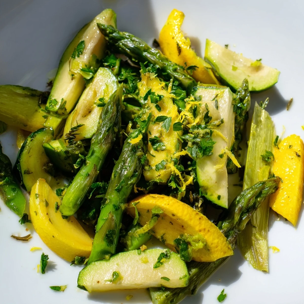 Colorful skillet of Flavorful Asparagus with Zucchini and Squash featuring tender bright green asparagus spears nestled alongside vibrant green zucchini and sunny yellow squash half-moons