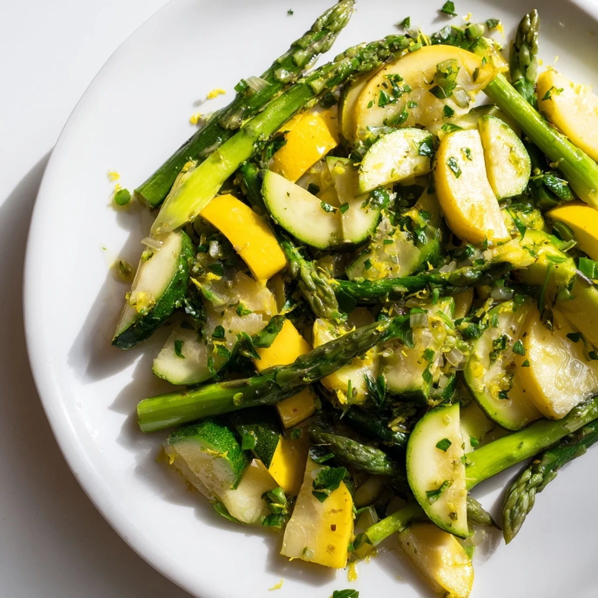 Golden sautéed medley of Flavorful Asparagus with Zucchini and Squash glistening with olive oil and fresh herbs on a white serving plate