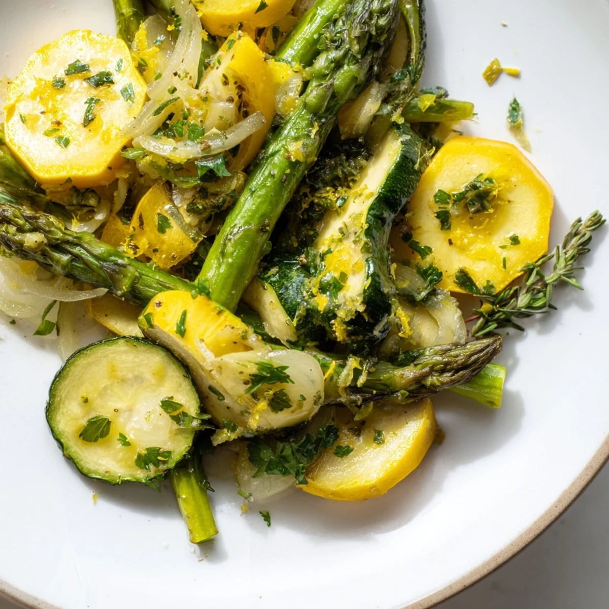Fresh Mediterranean-style Flavorful Asparagus with Zucchini and Squash tossed with garlic and lemon, showcasing the perfect tender-crisp vegetable texture