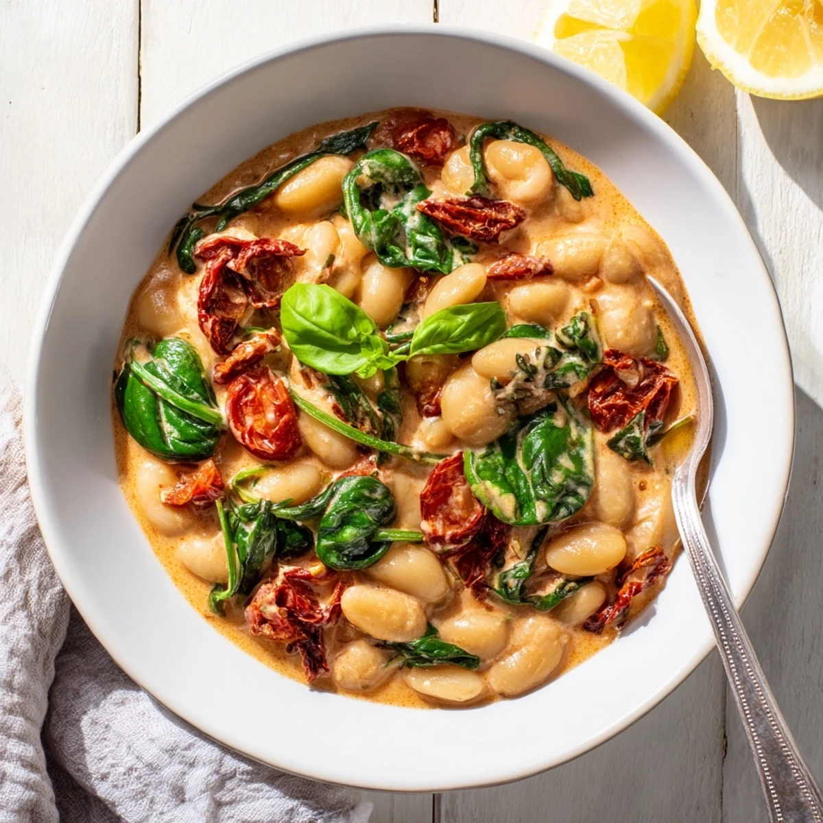 Creamy Greek yogurt butter beans in rich tomato sauce with fresh basil garnish
