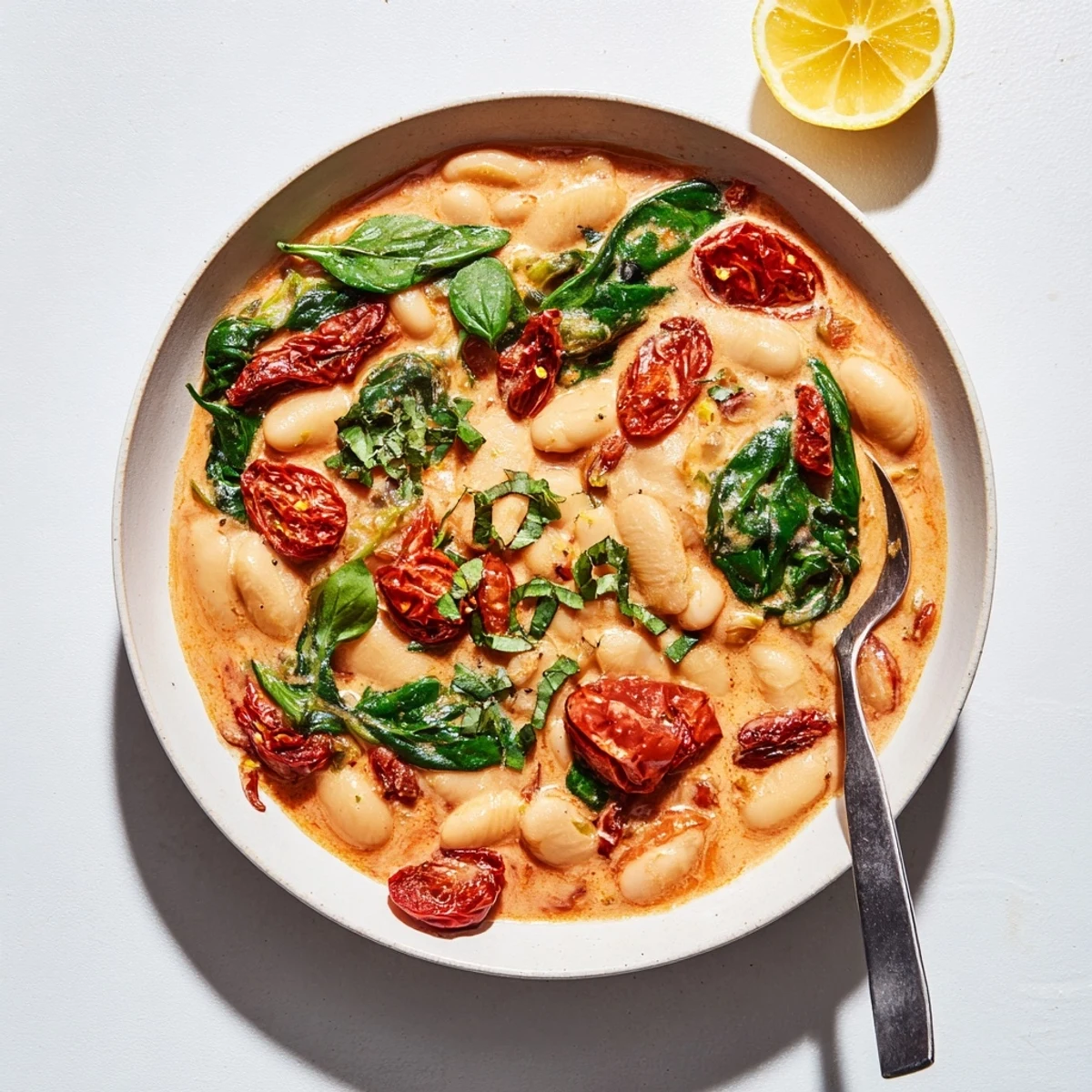 Golden skillet of butter beans simmered with tangy Greek yogurt and sun-dried tomatoes