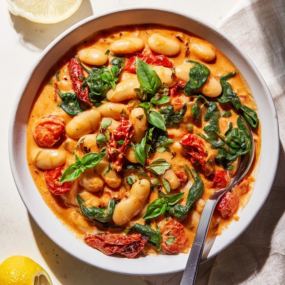 Mediterranean butter beans with Greek yogurt sauce topped with vibrant green basil and lemon