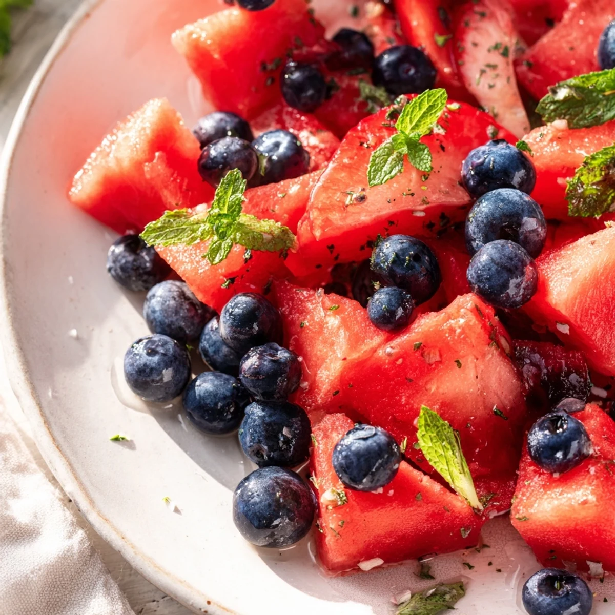 Fresh strawberry watermelon salad with honey lime vinaigrette displayed in a white bowl garnished with mint leaves
