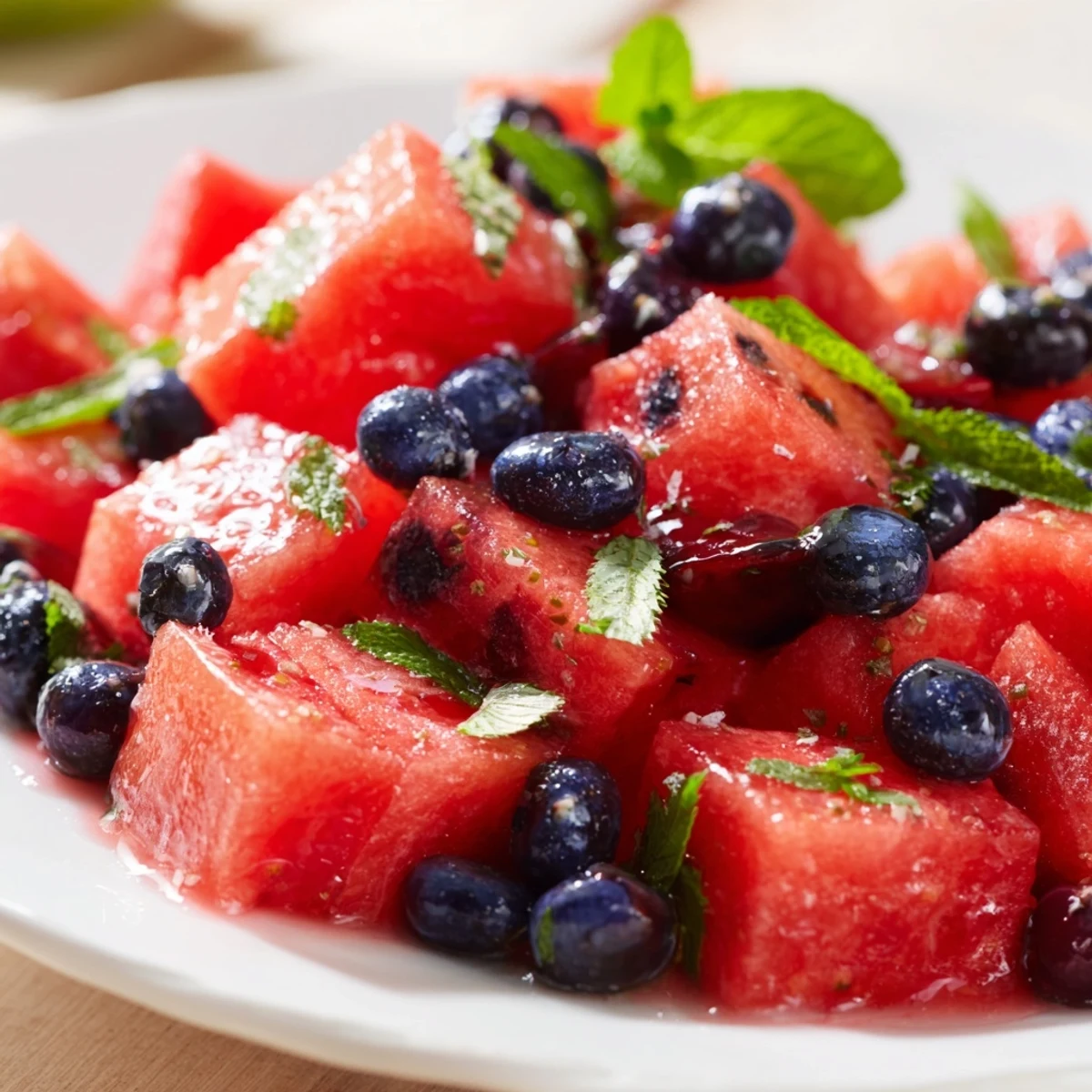 Colorful summer salad bowl featuring juicy watermelon chunks and sweet strawberries drizzled with tangy honey lime dressing