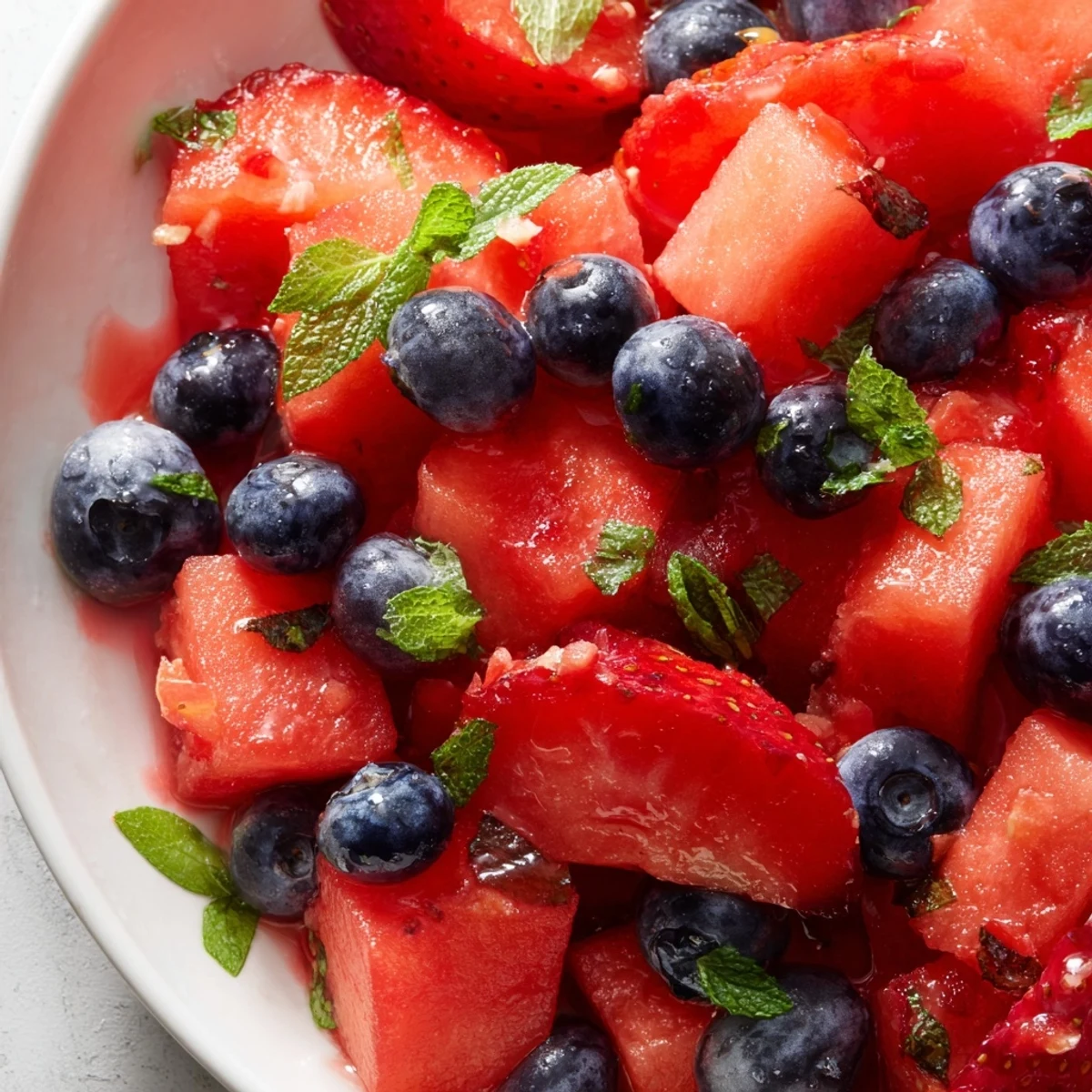 Glossy strawberry watermelon salad with honey lime vinaigrette topped with crumbled feta cheese and fresh mint on a wooden table