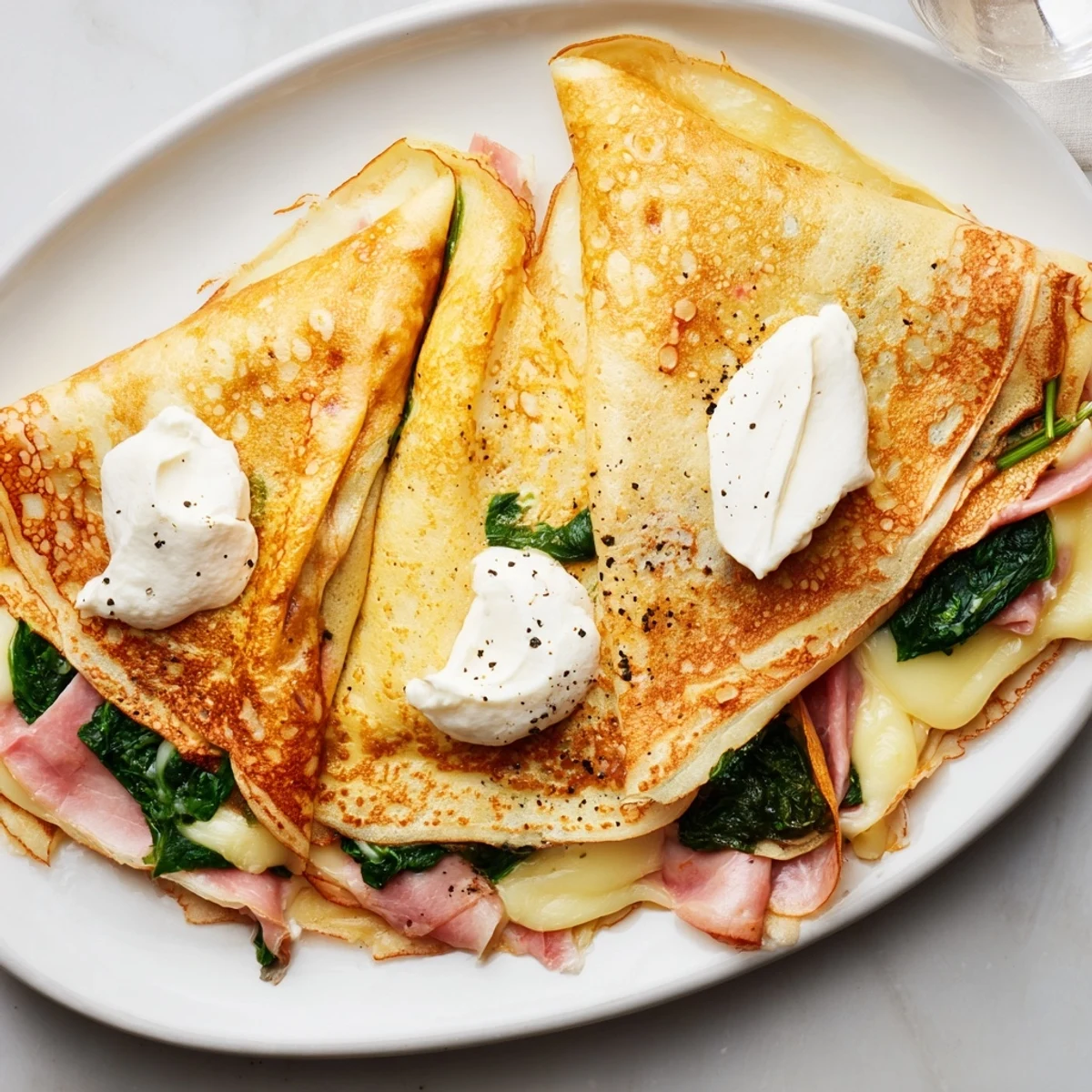 Golden savory crepes filled with melted Gruyère cheese, fresh spinach, and sliced ham