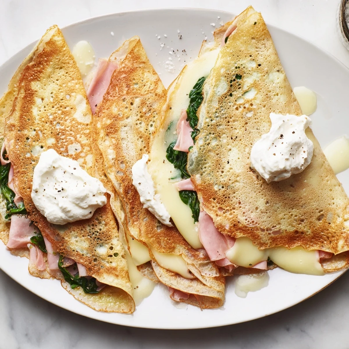 Delicate French savory crepes rolled with cheesy spinach filling and baked until bubbly
