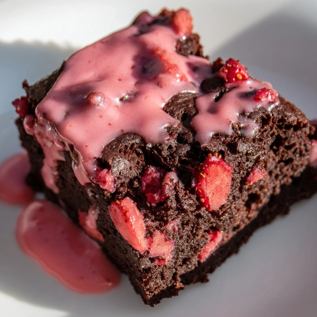 Fudgy easy strawberry brownies topped with pink glaze and fresh strawberry slices on a white plate