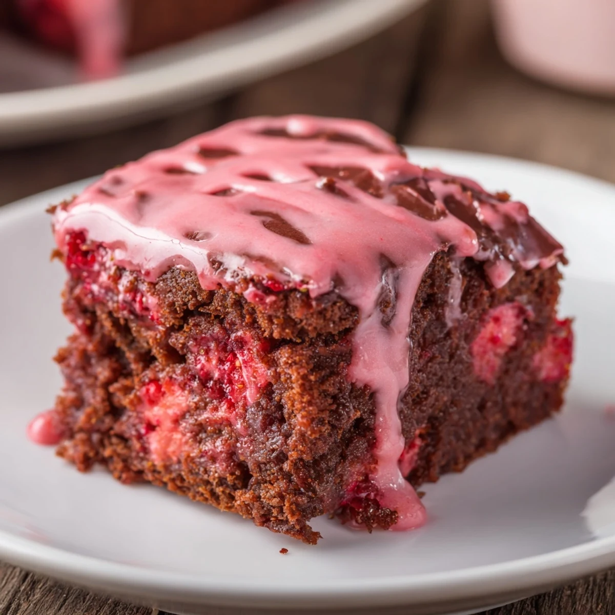Square of chocolate easy strawberry brownie with juicy red fruit pieces throughout the dark crumb