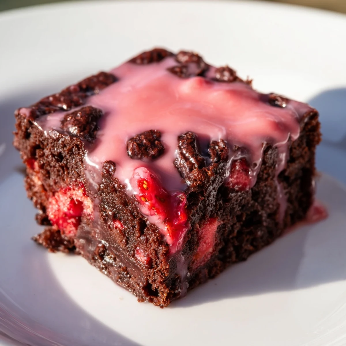 Homemade easy strawberry brownies drizzled with strawberry glaze, cut into neat squares on a wooden board