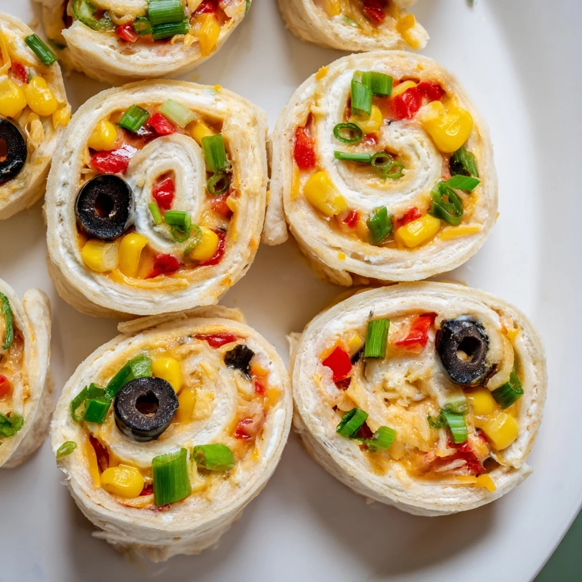 Colorful spiral pinwheels filled with taco-seasoned cream cheese and vegetables arranged on serving platter