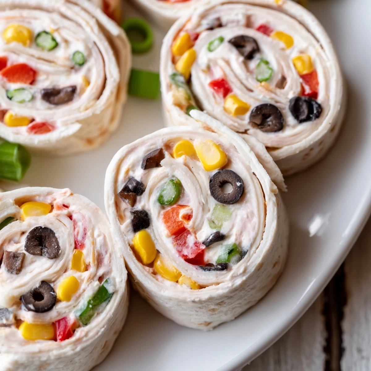 Freshly sliced taco cream cheese pinwheels showing vibrant red pepper and green onion flecks