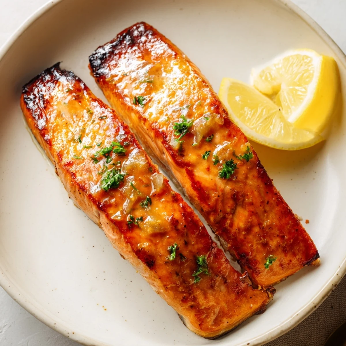 Golden baked Texas Roadhouse Style salmon fillets with buttery lemon-pepper glaze and fresh parsley garnish on a white baking sheet