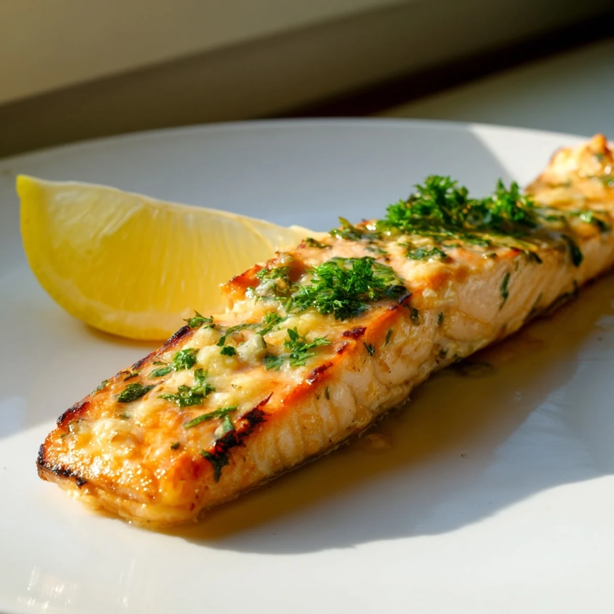 Flaky Texas Roadhouse Style baked salmon with caramelized edges served with lemon wedges on a rustic wooden board