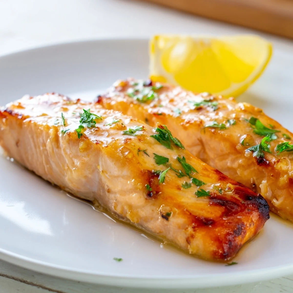 Tender Texas Roadhouse Style salmon brushed with smoky butter mixture, perfectly cooked and garnished with chopped parsley and lemon