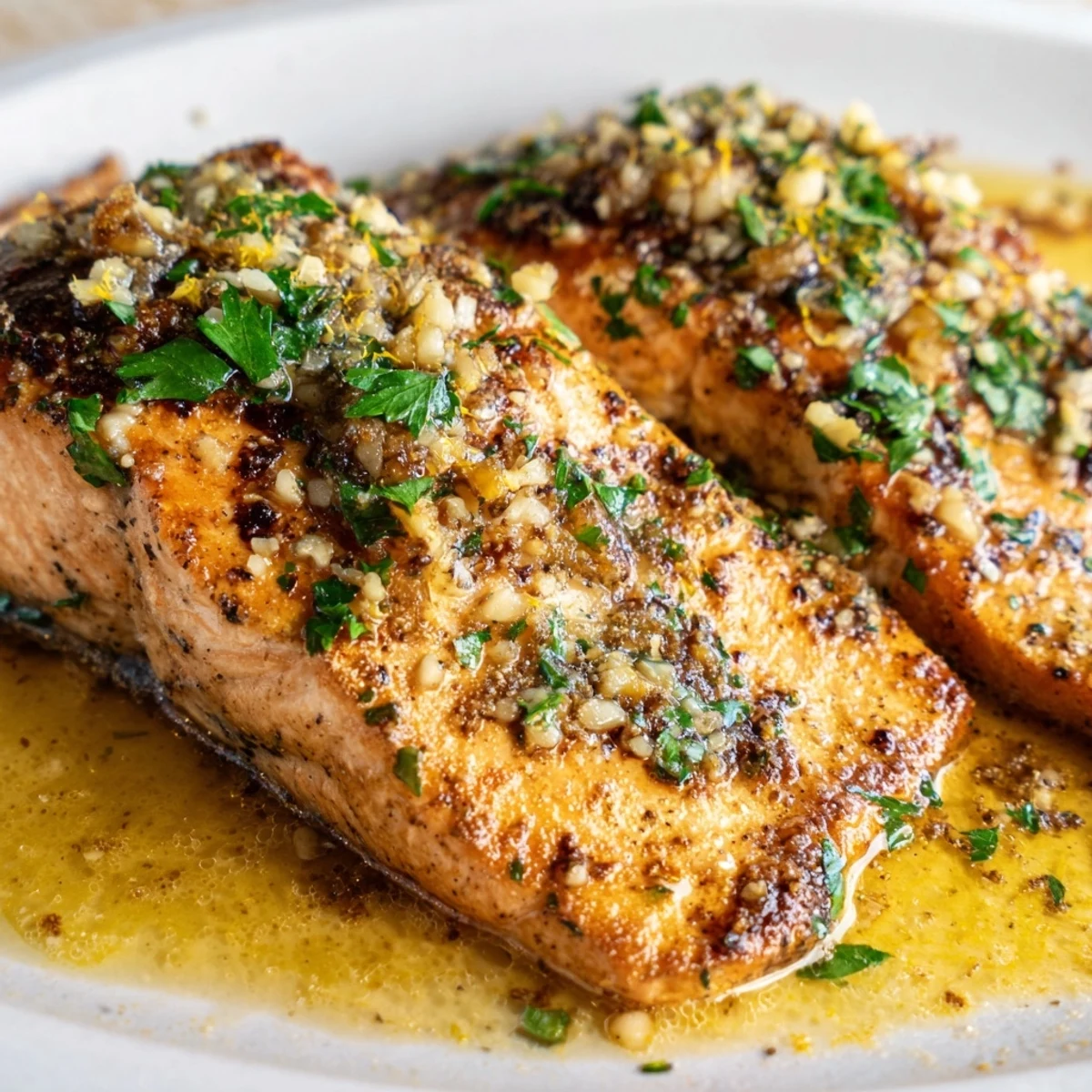 Golden pan seared salmon fillets drizzled with rich melted garlic butter sauce and fresh parsley