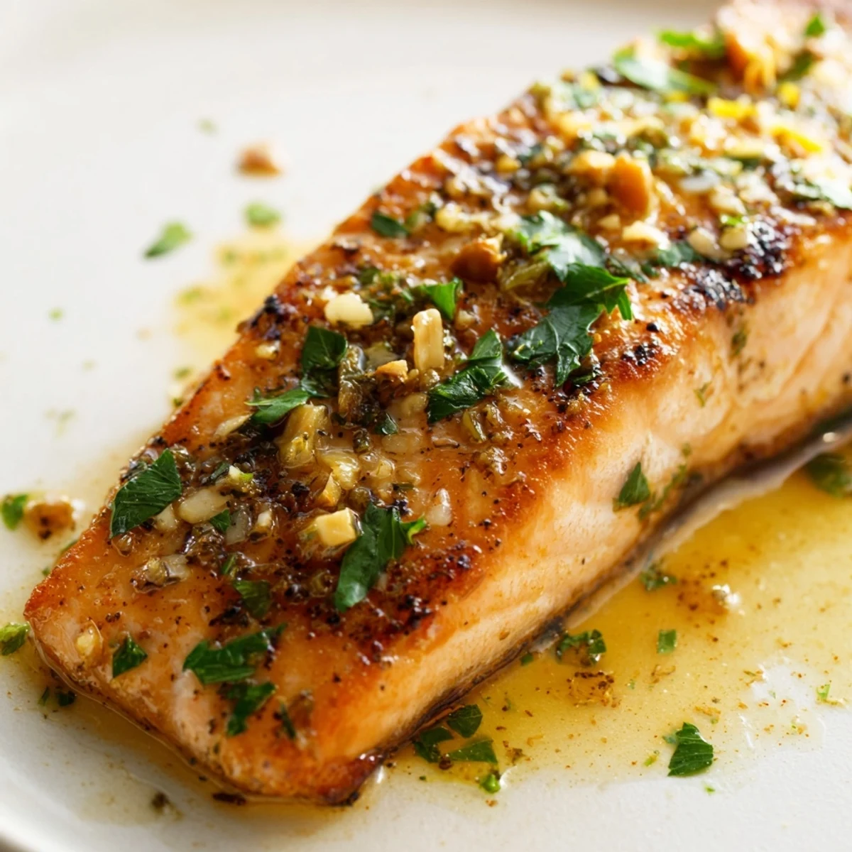 Crispy skillet-cooked salmon topped with creamy garlic butter and bright lemon wedges on a white plate