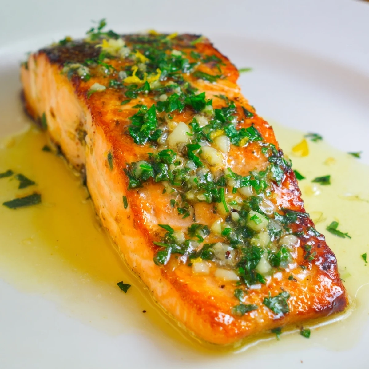 Perfectly cooked salmon with golden brown crust finished in savory garlic butter with green herb garnish