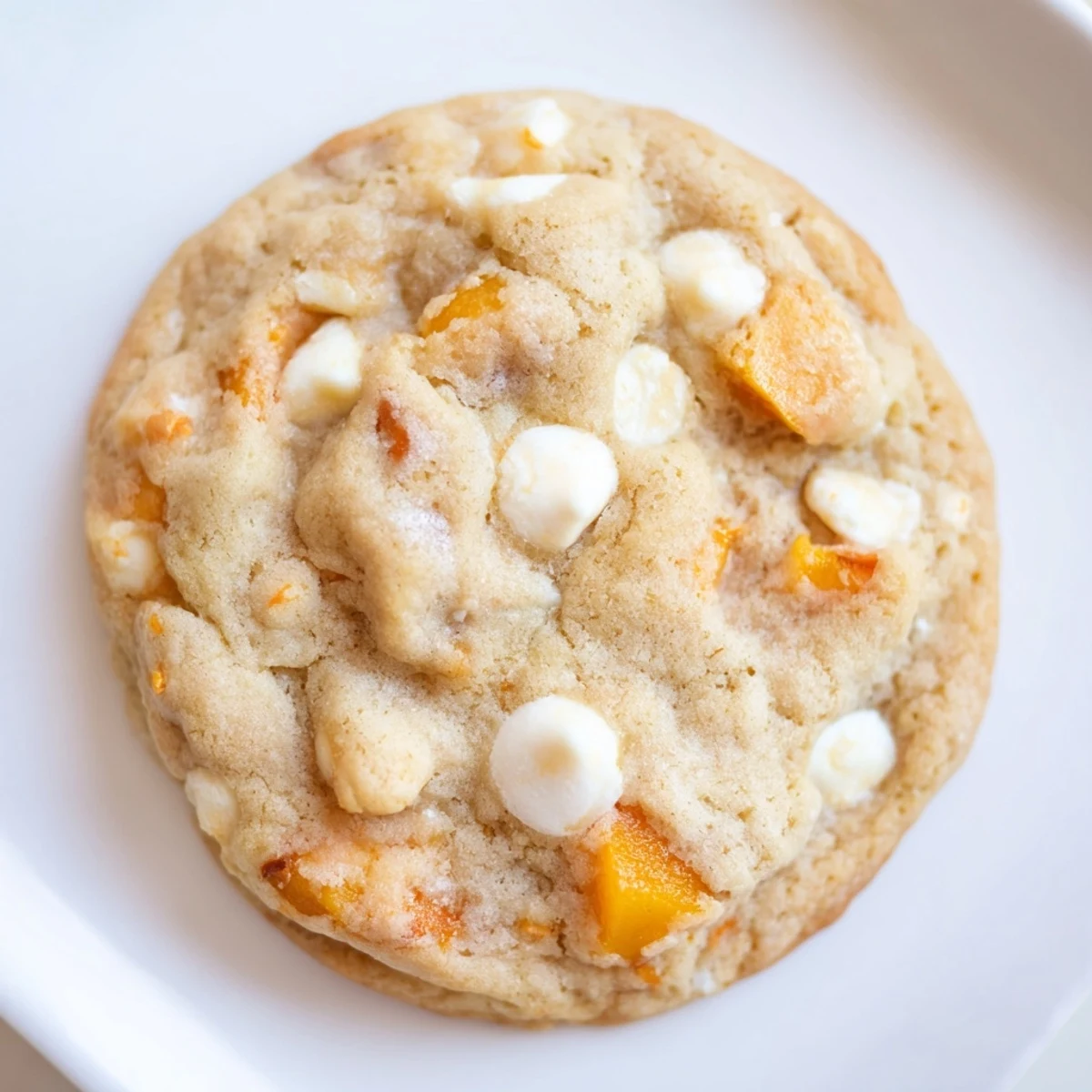 Soft golden Peaches and Cream Cookies studded with juicy peach chunks and melted white chocolate chips