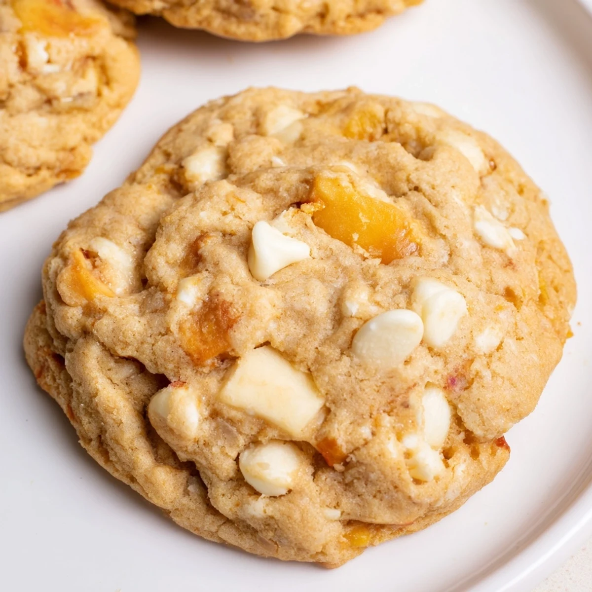 Chewy homemade Peaches and Cream Cookies with fresh peach pieces and creamy white chocolate on a wire cooling rack